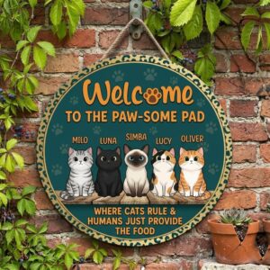 Personalized Welcome To The Paw-Some Pad Wood Sign Custom Cat Names And Illustrations Funny Where Cats Rule And Humans Just Provide The Food Wall Art