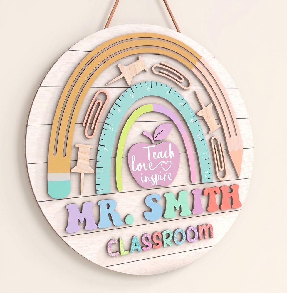 Custom Classroom Teacher Name Sign, Personalized Wooden Door Plaque, Cute School Wall Decor, Teacher Appreciation Gift For Back To School - Style 17