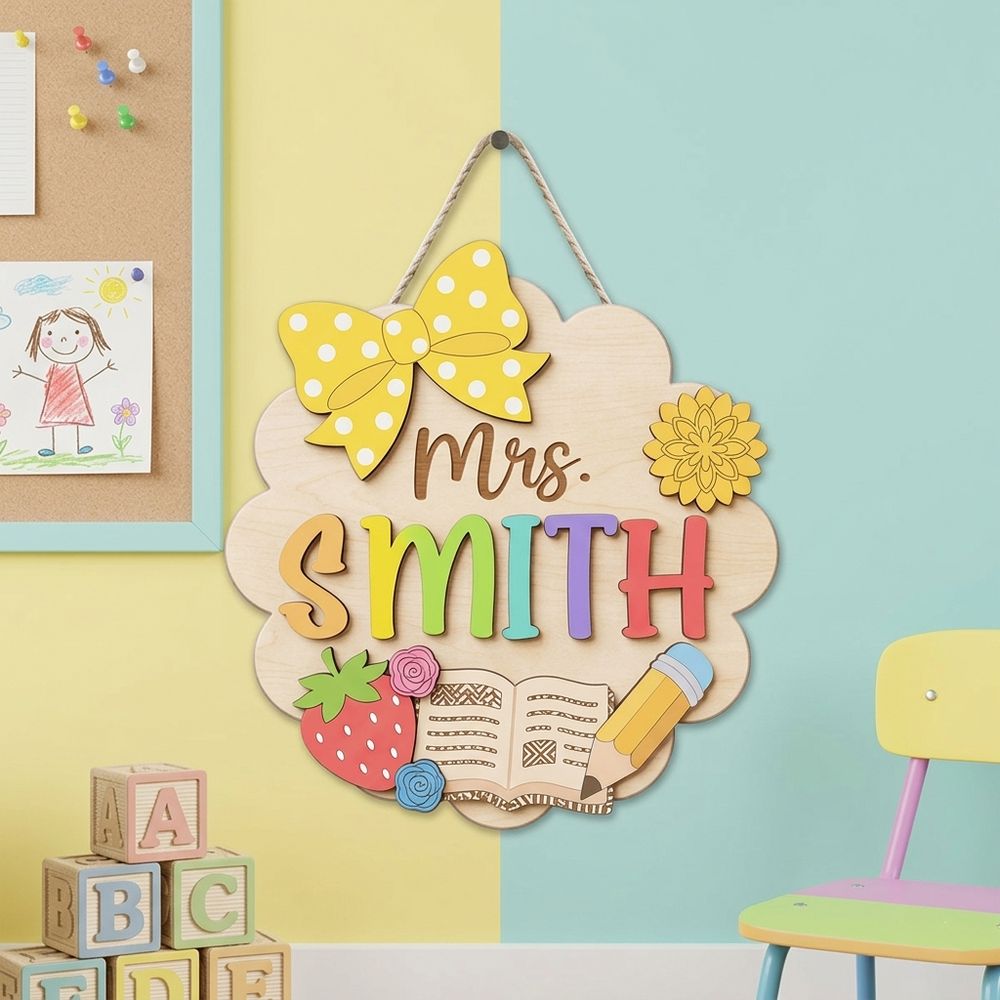 Custom Classroom Teacher Name Sign, Personalized Wooden Door Plaque, Cute School Wall Decor, Teacher Appreciation Gift For Back To School - Style 2