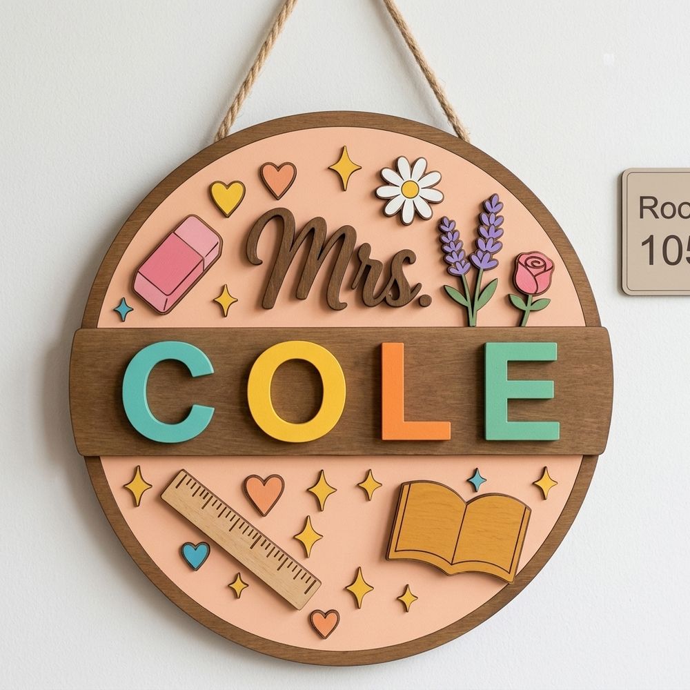 Custom Classroom Teacher Name Sign, Personalized Wooden Door Plaque, Cute School Wall Decor, Teacher Appreciation Gift For Back To School - Style 6