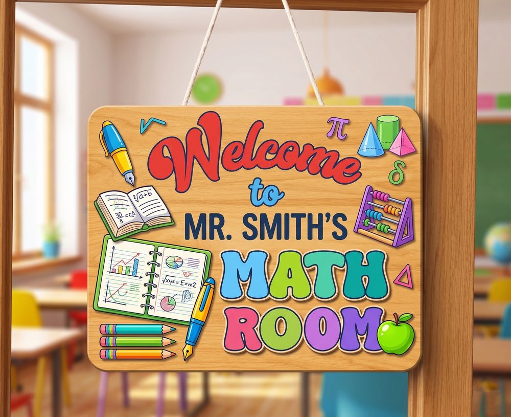 Custom Math Teacher Name Wood Sign, Personalized Classroom Door Hanger, Wooden Wall Decor For Math Classroom, Teacher Appreciation Back To School Gift - Style 1