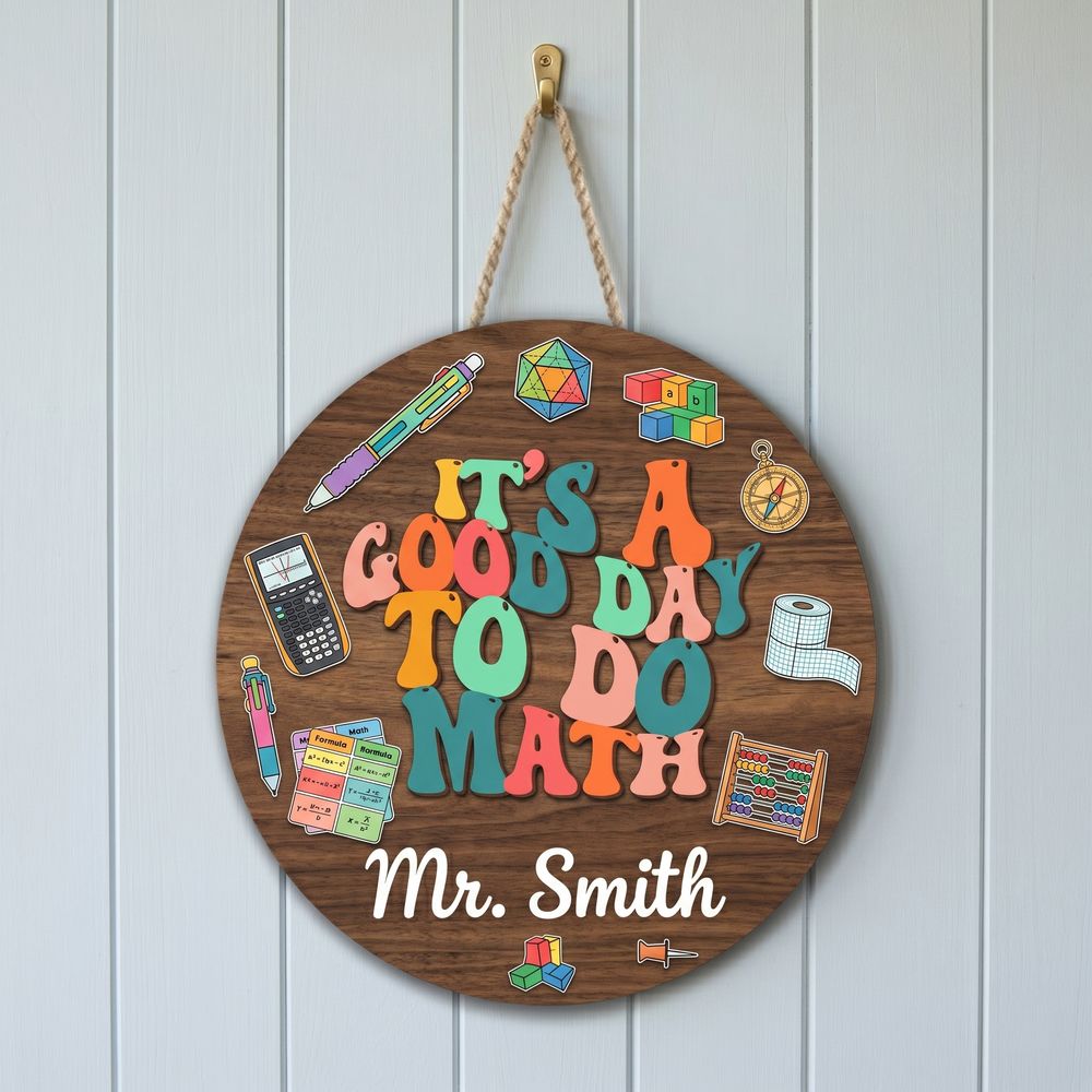 Custom Math Teacher Name Wood Sign, Personalized Classroom Door Hanger, Wooden Wall Decor For Math Classroom, Teacher Appreciation Back To School Gift - Style 3