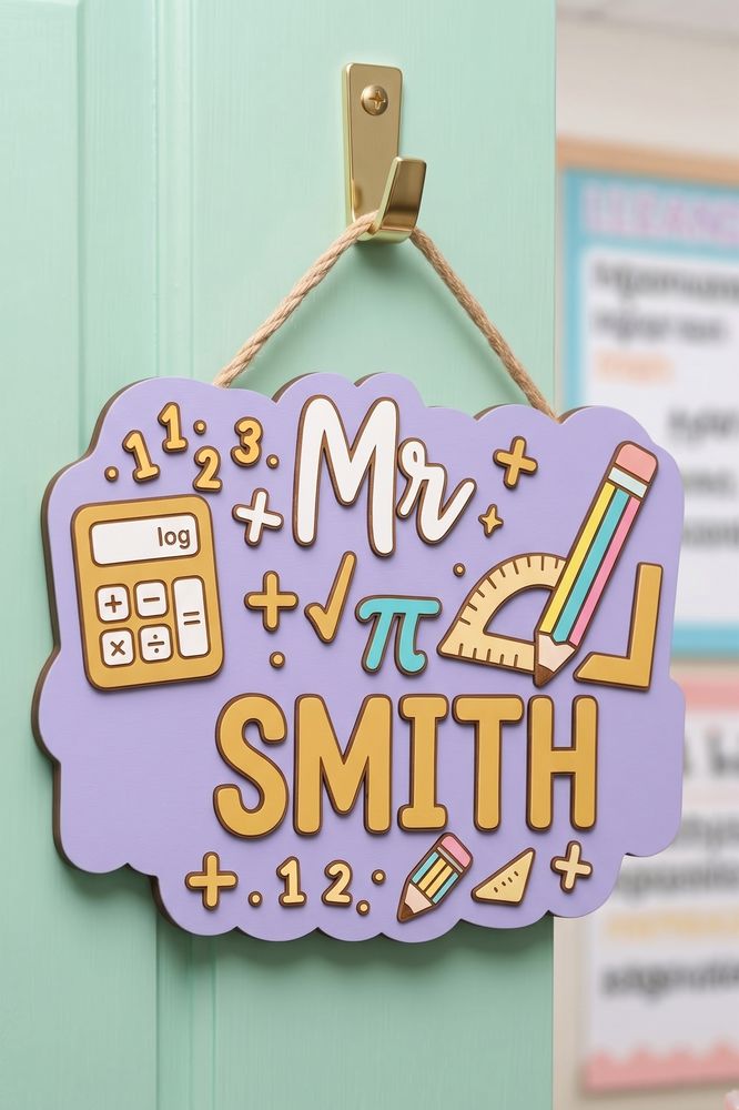 Custom Math Teacher Name Wood Sign, Personalized Classroom Door Hanger, Wooden Wall Decor For Math Classroom, Teacher Appreciation Back To School Gift - Style 5