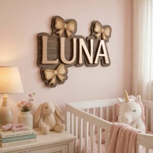 Custom Wood Name Sign For Baby Nursery Personalized 3D Wooden Letters Wall Decor For Girls With Cute Bows Baby Name Plaque Wood - View 1
