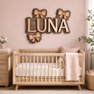 Custom Wood Name Sign For Baby Nursery Personalized 3D Wooden Letters Wall Decor For Girls With Cute Bows Baby Name Plaque Wood