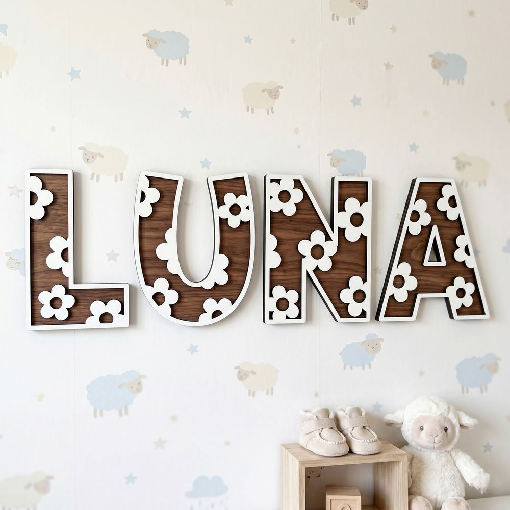 Custom Wooden Name Sign With Multiple Design Patterns For Kids Room Personalized 3D Wood Letters For Nursery And Childrens Bedroom Wall Decor Baby Gift - Style 1