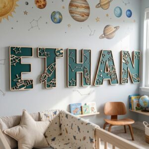 Custom Wooden Name Sign With Multiple Design Themes For Kids Room Personalized 3D Wood Letters For Nursery And Childrens Bedroom Wall Decor Baby Gift - Style 1