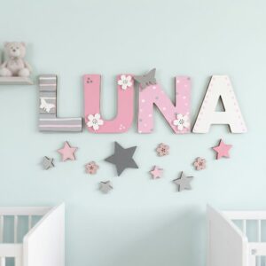 Personalized 3D Wood Name Sign For Kids Wall Decor Custom Wooden Letters With Whimsical Illustration Icons For Childrens Bedroom Nursery Baby Gift - Style 1