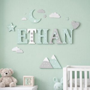 Personalized 3D Wood Name Sign For Kids Wall Decor Custom Wooden Letters With Whimsical Illustration Icons For Childrens Bedroom Nursery Baby Gift - Style 2