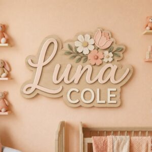 Personalized 3D Wooden Name Sign For Nursery Custom Floral Wall Decor Layered Wood Letters For Baby Girl Room Above Crib Flower Sign Baby Gift - Style 1