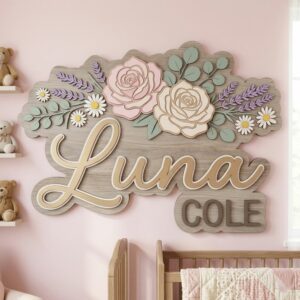 Personalized 3D Wooden Name Sign For Nursery Custom Floral Wall Decor Layered Wood Letters For Baby Girl Room Above Crib Flower Sign Baby Gift - Style 2