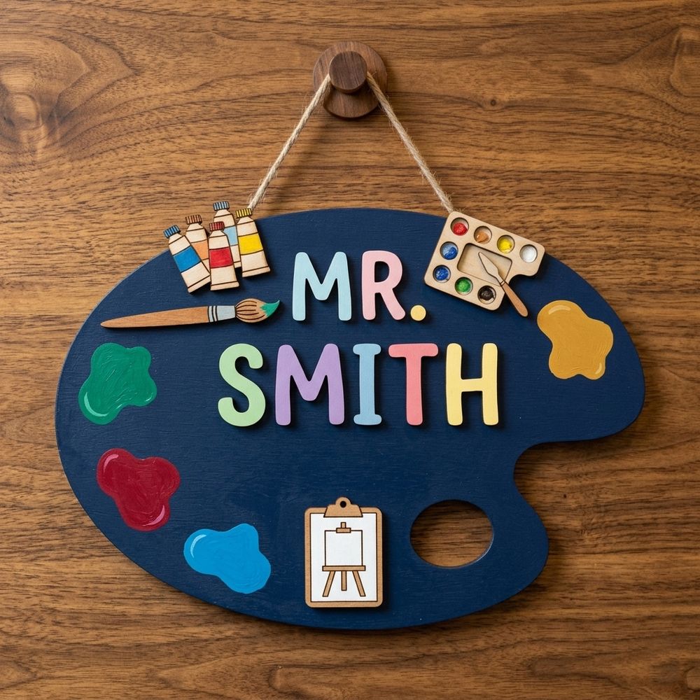 Personalized Art Teacher Door Sign, Custom Wooden Classroom Name Plaque, Creative School Wall Hanging, Teacher Appreciation Back To School Gift - Style 2