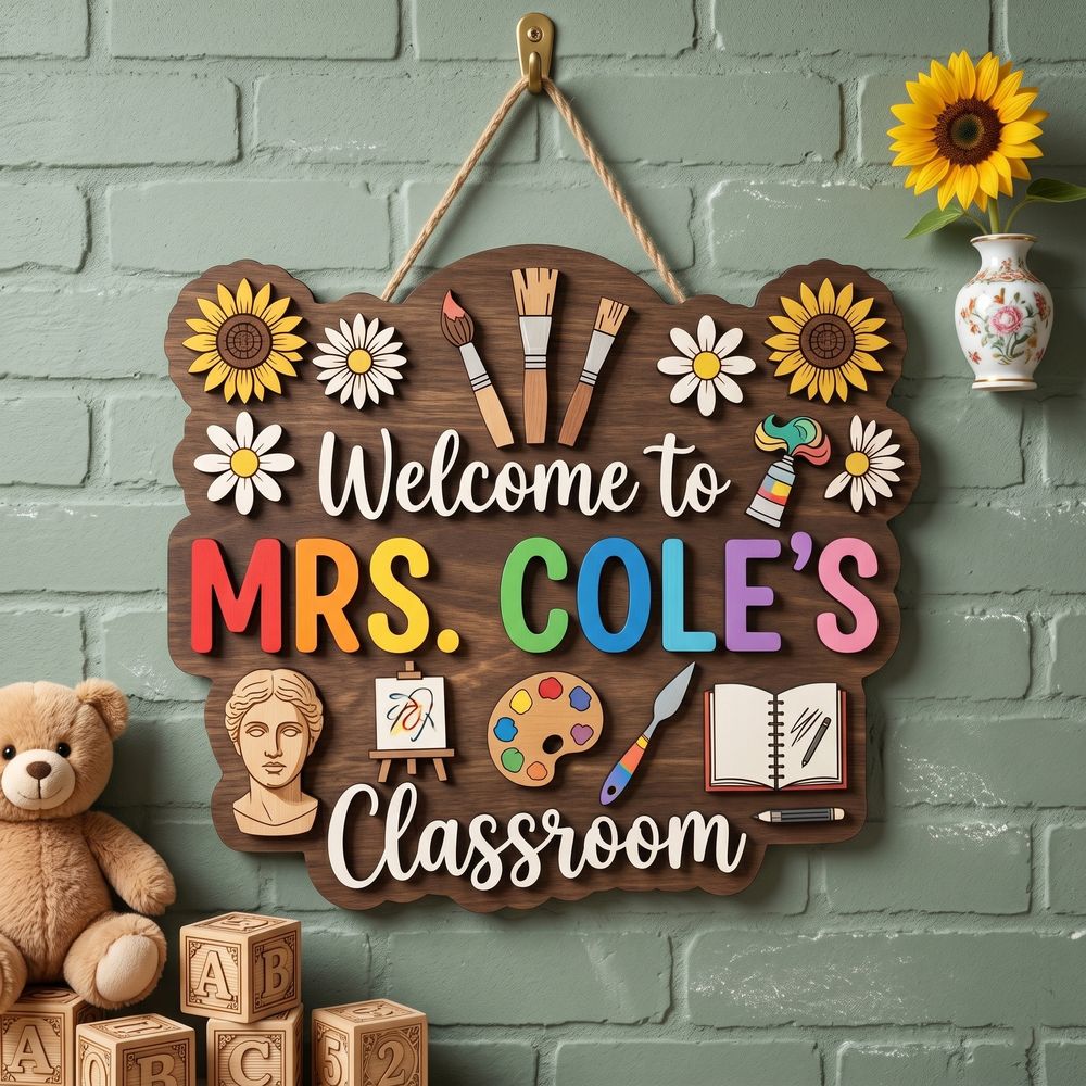Personalized Art Teacher Door Sign, Custom Wooden Classroom Name Plaque, Creative School Wall Hanging, Teacher Appreciation Back To School Gift - Style 3