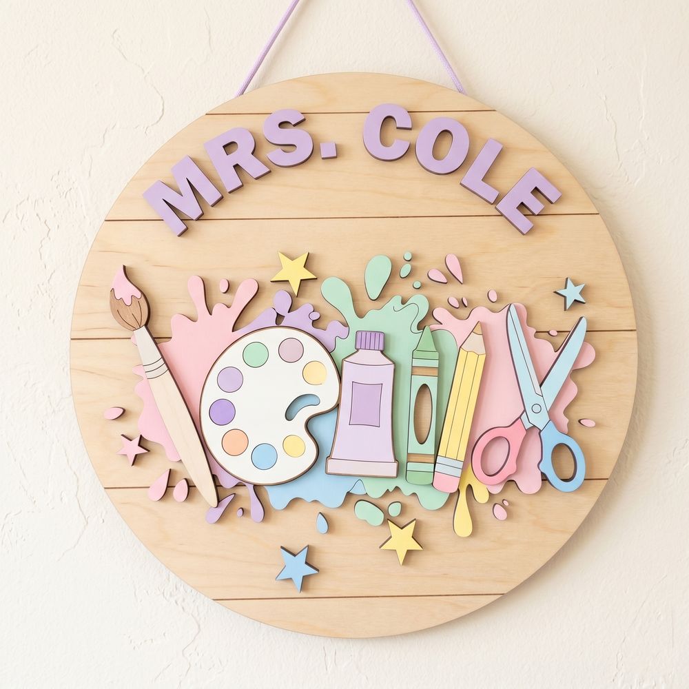 Personalized Art Teacher Door Sign, Custom Wooden Classroom Name Plaque, Creative School Wall Hanging, Teacher Appreciation Back To School Gift - Style 4