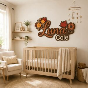Personalized Autumn Floral Wood Name Sign For Nursery Custom Maple Leaf And Sunflower Wooden Wall Art Fall Theme Baby Girl Room Decor New Baby Gift - View 1