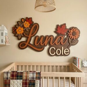 Personalized Autumn Floral Wood Name Sign For Nursery Custom Maple Leaf And Sunflower Wooden Wall Art Fall Theme Baby Girl Room Decor New Baby Gift