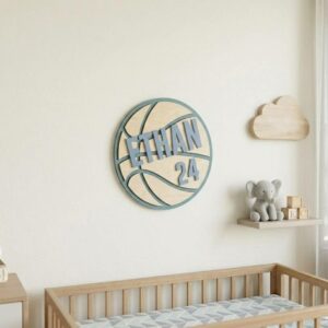 Personalized Basketball Wooden Name Sign For Nursery Custom 3D Layered Sports Wood Name Wall Decor For Boy Room Basketball Bedroom Baby Gift