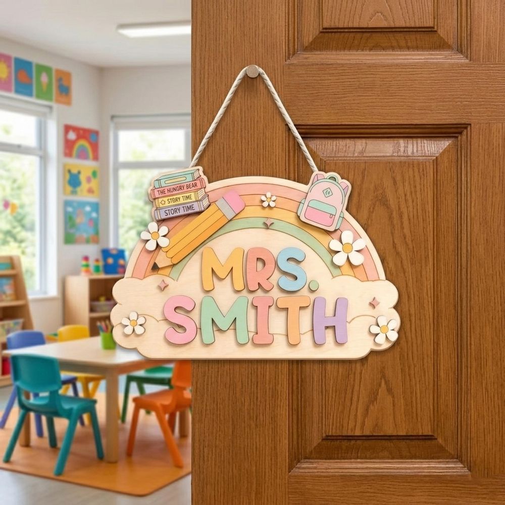 Personalized Classroom Welcome Wood Sign, Custom Teacher Door Hanger, Cute School Wall Decor, Back To School Appreciation Gift For Teachers - Style 13