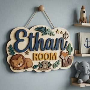 Personalized Cloud Shape Wooden Name Sign For Nursery Custom Woodland Animals Wall Decor For Baby Boy Room 3D Wood Hanging Sign Unique Baby Gift - Style 1