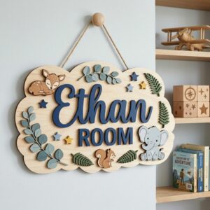 Personalized Cloud Shape Wooden Name Sign For Nursery Custom Woodland Animals Wall Decor For Baby Boy Room 3D Wood Hanging Sign Unique Baby Gift - Style 2