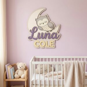 Personalized Crescent Moon Name Sign For Nursery Custom Sleeping Animals Wall Decor For Baby Room 3D Wooden Nighttime Sign Unique Newborn Gift - Style 1