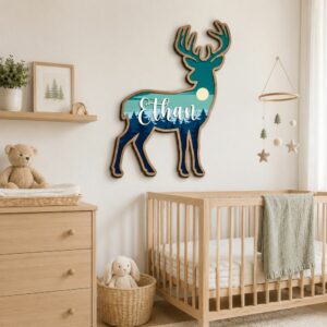 Personalized Deer Wood Name Sign For Nursery Wall Decor Custom Mountain Forest Wooden Nameplate For Baby Boy Room Woodland Animal Toddler Birthday - View 1