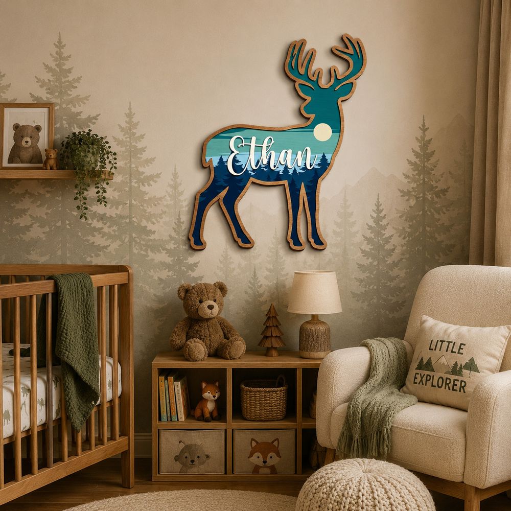 Personalized Deer Wood Name Sign For Nursery Wall Decor Custom Mountain Forest Wooden Nameplate For Baby Boy Room Woodland Animal Toddler Birthday - View 2