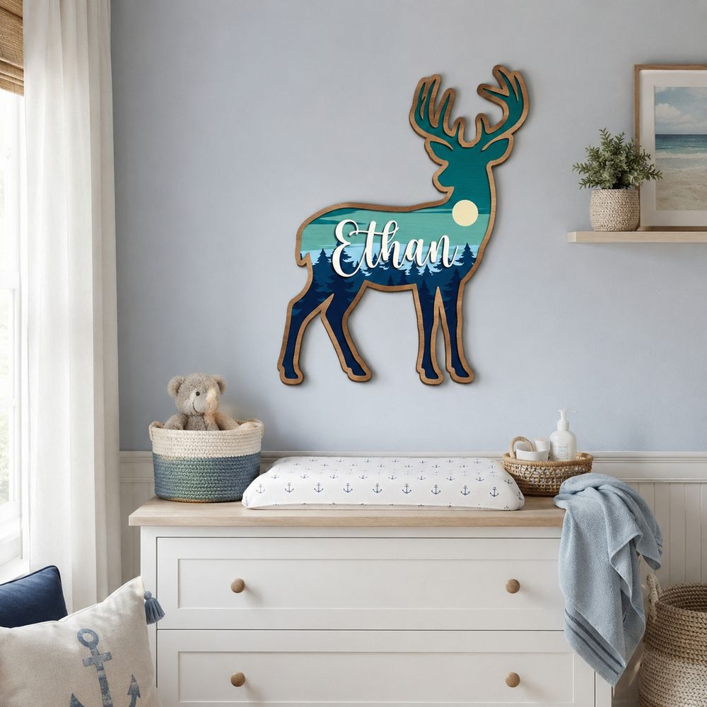 Personalized Deer Wood Name Sign For Nursery Wall Decor Custom Mountain Forest Wooden Nameplate For Baby Boy Room Woodland Animal Toddler Birthday - View 3