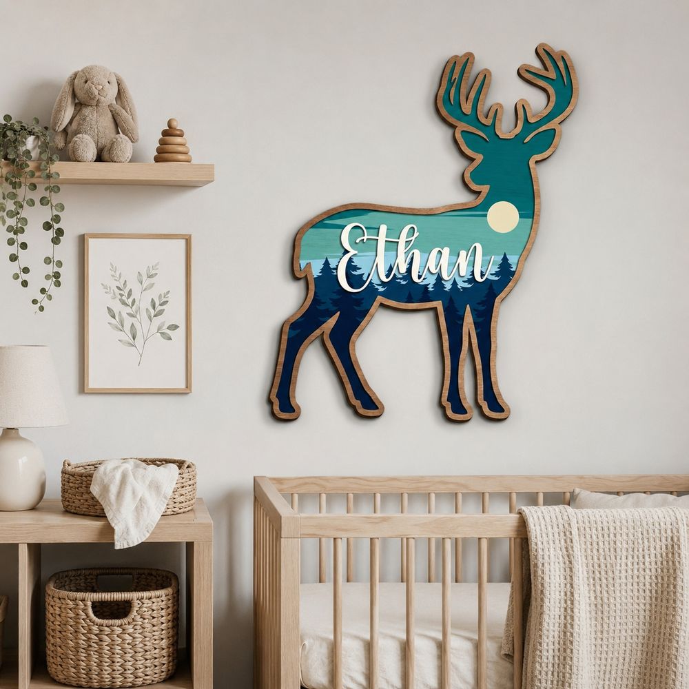 Personalized Deer Wood Name Sign For Nursery Wall Decor Custom Mountain Forest Wooden Nameplate For Baby Boy Room Woodland Animal Toddler Birthday - View 4