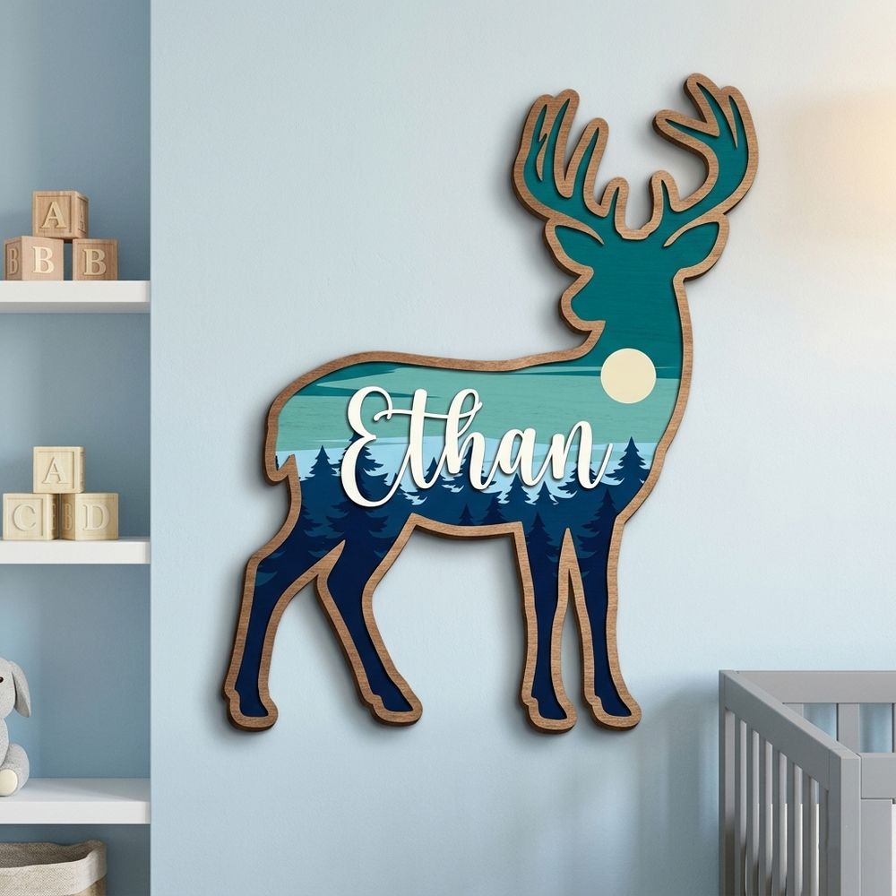 Personalized Deer Wood Name Sign For Nursery Wall Decor Custom Mountain Forest Wooden Nameplate For Baby Boy Room Woodland Animal Toddler Birthday