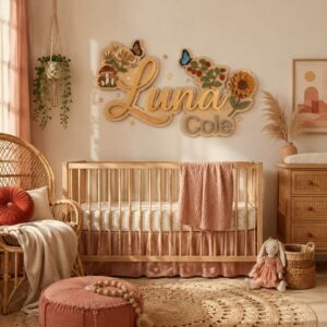 Personalized Floral Wood Name Sign For Baby Girl Nursery Custom Butterfly And Sunflower Wooden Wall Art Garden Theme Kids Room Decor New Baby Gift - View 1