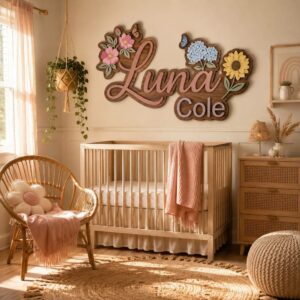 Personalized Floral Wood Name Sign For Baby Girl Nursery Custom Sunflower And Hydrangea Wooden Wall Art Butterfly Garden Kids Room Decor New Baby Gift - View 1
