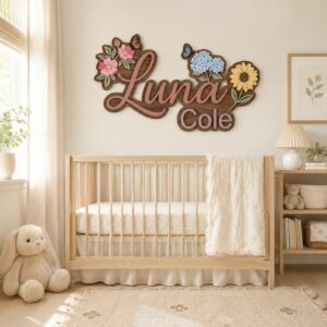 Personalized Floral Wood Name Sign For Baby Girl Nursery Custom Sunflower And Hydrangea Wooden Wall Art Butterfly Garden Kids Room Decor New Baby Gift