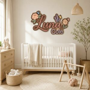 Personalized Floral Wooden Name Sign For Nursery Custom 3D Layered Flower And Butterfly Wood Name Wall Decor For Baby Girl Room Nursery