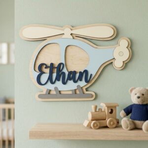 Personalized Helicopter Wood Name Sign For Nursery Wall Decor Custom Wooden Chopper Nameplate For Baby Boy Room Personalized Toddler Birthday Gift