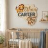 Personalized Jungle Safari Animal Wood Name Sign Custom Lion And Monkey Wooden Wall Art For Nursery Kids Bedroom Nameplate Baby Shower Birthday Gift - View 1