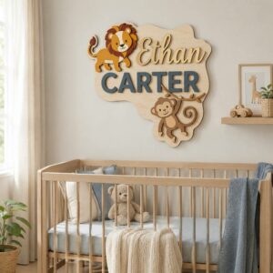 Personalized Jungle Safari Animal Wood Name Sign Custom Lion And Monkey Wooden Wall Art For Nursery Kids Bedroom Nameplate Baby Shower Birthday Gift - View 1