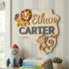 Personalized Jungle Safari Animal Wood Name Sign Custom Lion And Monkey Wooden Wall Art For Nursery Kids Bedroom Nameplate Baby Shower Birthday Gift
