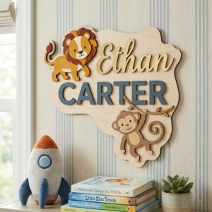 Personalized Jungle Safari Animal Wood Name Sign Custom Lion And Monkey Wooden Wall Art For Nursery Kids Bedroom Nameplate Baby Shower Birthday Gift