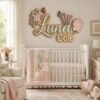 Personalized Lavender And Peony Wood Name Sign For Nursery Wall Decor Custom Floral Wooden Nameplate For Baby Girl Room Wildflower Birthday Gift Ideas - View 1