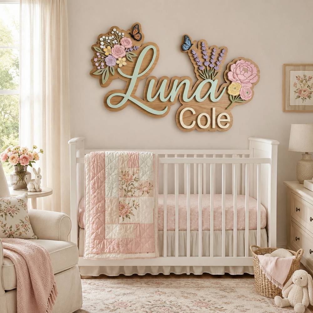 Personalized Lavender And Peony Wood Name Sign For Nursery Wall Decor Custom Floral Wooden Nameplate For Baby Girl Room Wildflower Birthday Gift Ideas - View 1