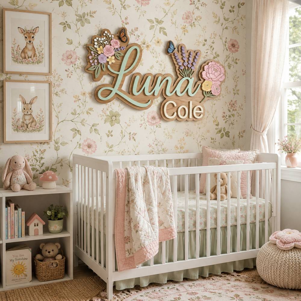 Personalized Lavender And Peony Wood Name Sign For Nursery Wall Decor Custom Floral Wooden Nameplate For Baby Girl Room Wildflower Birthday Gift Ideas - View 3
