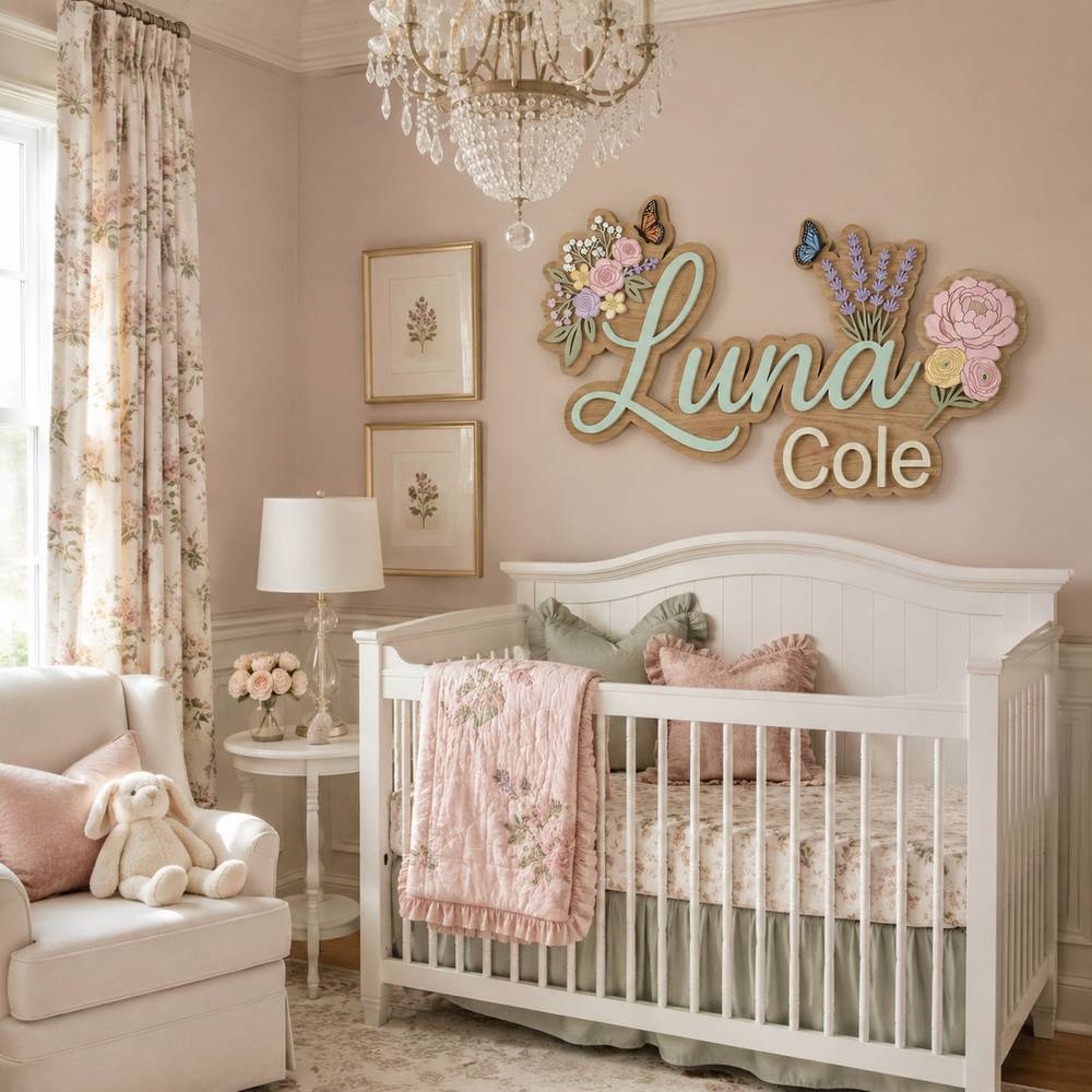 Personalized Lavender And Peony Wood Name Sign For Nursery Wall Decor Custom Floral Wooden Nameplate For Baby Girl Room Wildflower Birthday Gift Ideas - View 4