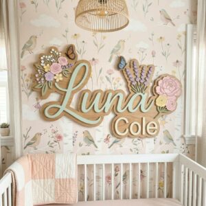 Personalized Lavender And Peony Wood Name Sign For Nursery Wall Decor Custom Floral Wooden Nameplate For Baby Girl Room Wildflower Birthday Gift Ideas