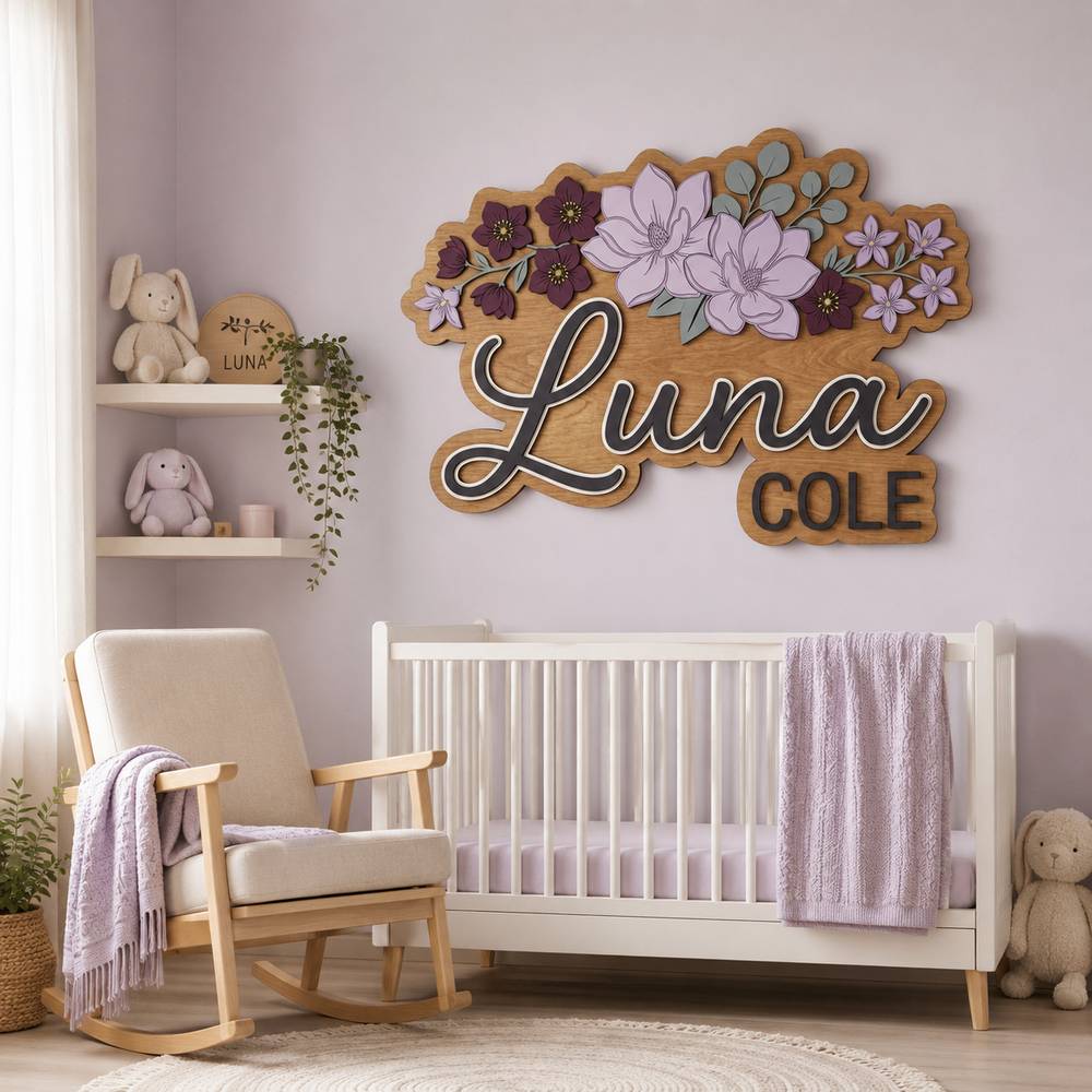Personalized Magnolia Wooden Name Sign For Nursery Custom 3D Layered Floral Wood Name Wall Decor For Baby Girl Room Unique Baby Shower Gift - View 1