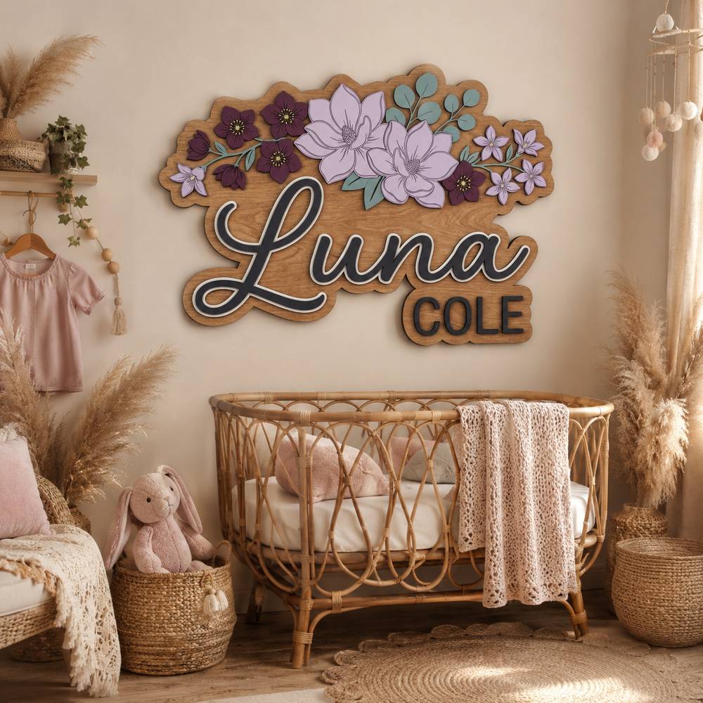 Personalized Magnolia Wooden Name Sign For Nursery Custom 3D Layered Floral Wood Name Wall Decor For Baby Girl Room Unique Baby Shower Gift - View 2
