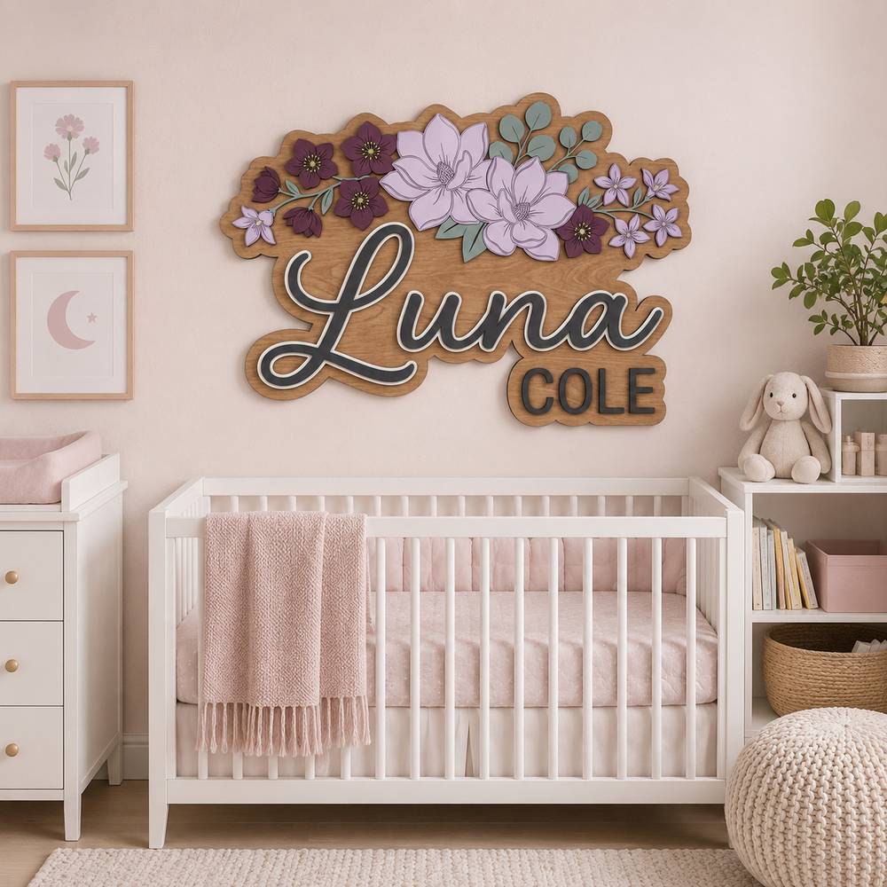 Personalized Magnolia Wooden Name Sign For Nursery Custom 3D Layered Floral Wood Name Wall Decor For Baby Girl Room Unique Baby Shower Gift - View 3