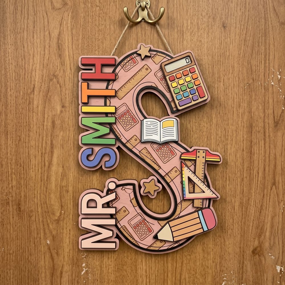 Personalized Math Teacher Classroom Sign, Custom Wooden Door Plaque With Teacher Name, School Wall Decor, Appreciation Gift For Back To School - Style 3