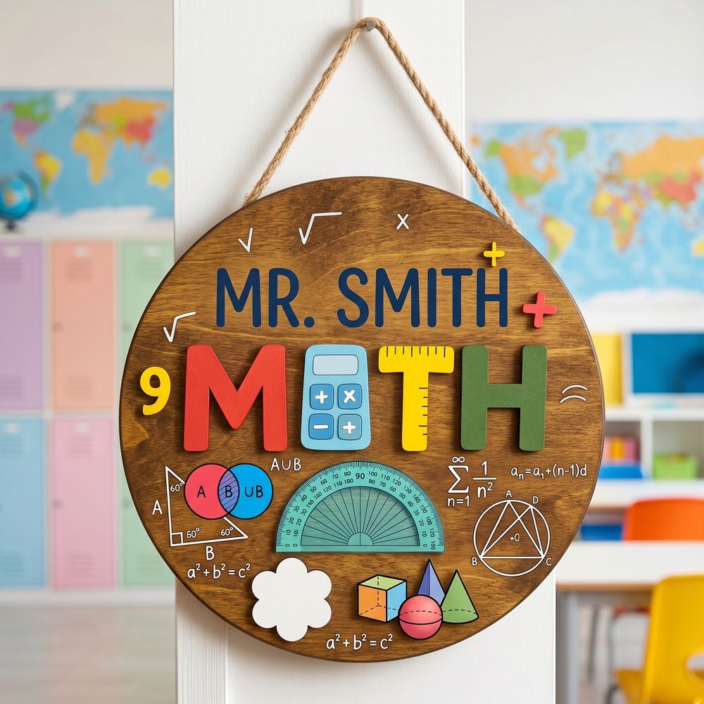 Personalized Math Teacher Classroom Sign, Custom Wooden Door Plaque With Teacher Name, School Wall Decor, Appreciation Gift For Back To School - Style 4