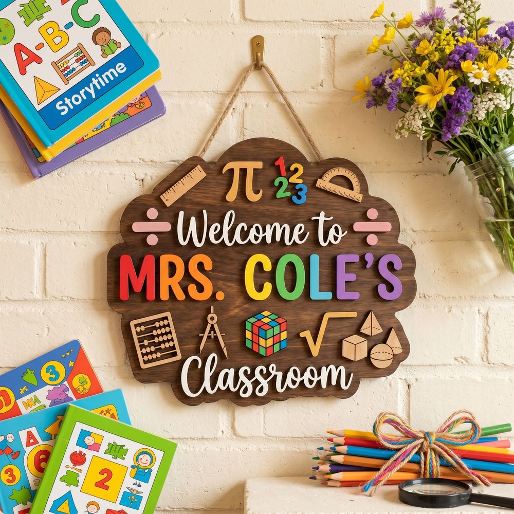 Personalized Math Teacher Classroom Sign, Custom Wooden Door Plaque With Teacher Name, School Wall Decor, Appreciation Gift For Back To School - Style 5
